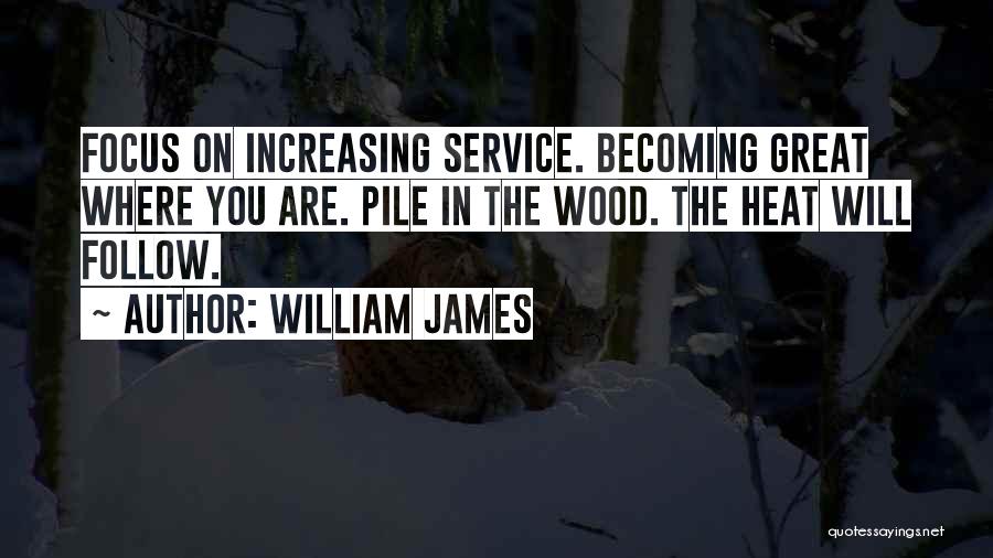 William James Quotes: Focus On Increasing Service. Becoming Great Where You Are. Pile In The Wood. The Heat Will Follow.