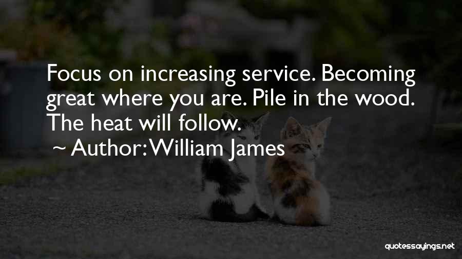 William James Quotes: Focus On Increasing Service. Becoming Great Where You Are. Pile In The Wood. The Heat Will Follow.