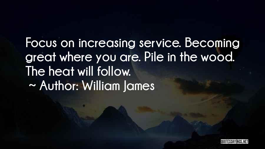 William James Quotes: Focus On Increasing Service. Becoming Great Where You Are. Pile In The Wood. The Heat Will Follow.