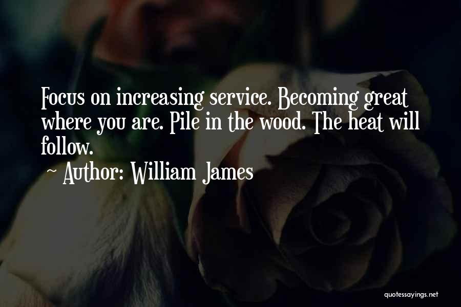 William James Quotes: Focus On Increasing Service. Becoming Great Where You Are. Pile In The Wood. The Heat Will Follow.
