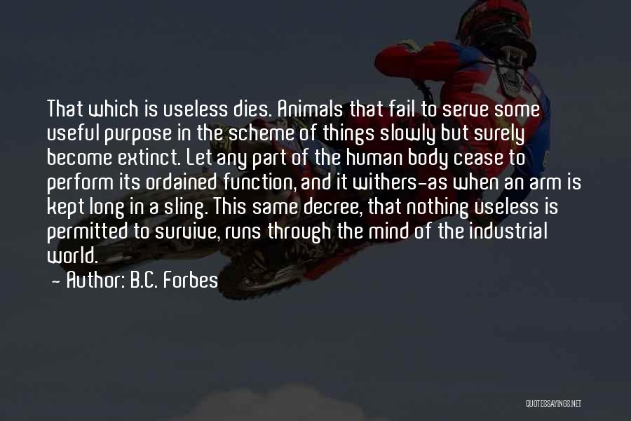 B.C. Forbes Quotes: That Which Is Useless Dies. Animals That Fail To Serve Some Useful Purpose In The Scheme Of Things Slowly But