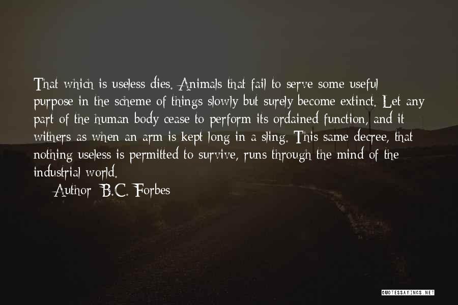 B.C. Forbes Quotes: That Which Is Useless Dies. Animals That Fail To Serve Some Useful Purpose In The Scheme Of Things Slowly But