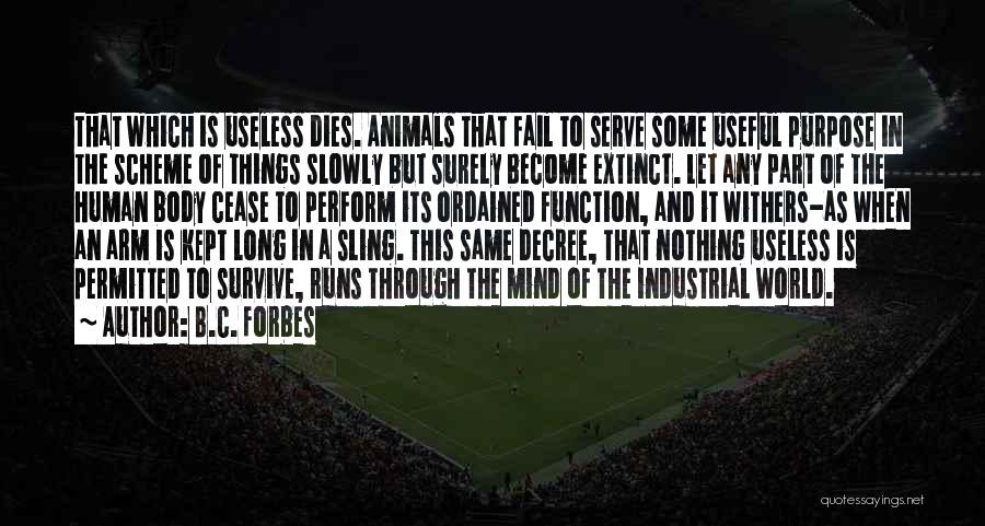 B.C. Forbes Quotes: That Which Is Useless Dies. Animals That Fail To Serve Some Useful Purpose In The Scheme Of Things Slowly But