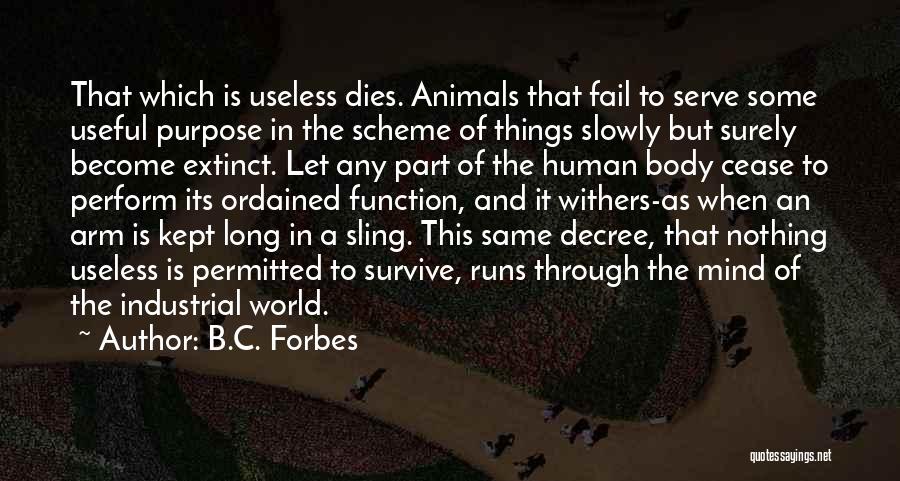 B.C. Forbes Quotes: That Which Is Useless Dies. Animals That Fail To Serve Some Useful Purpose In The Scheme Of Things Slowly But