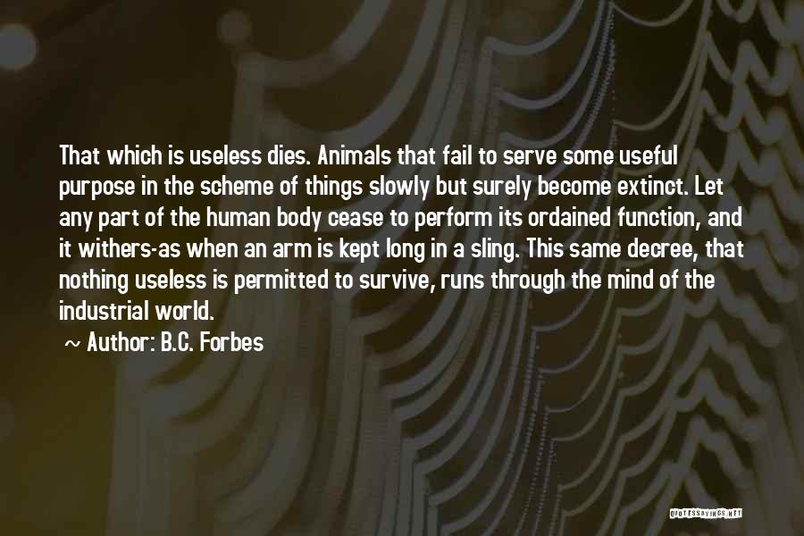 B.C. Forbes Quotes: That Which Is Useless Dies. Animals That Fail To Serve Some Useful Purpose In The Scheme Of Things Slowly But