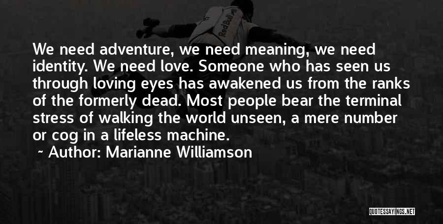 Marianne Williamson Quotes: We Need Adventure, We Need Meaning, We Need Identity. We Need Love. Someone Who Has Seen Us Through Loving Eyes