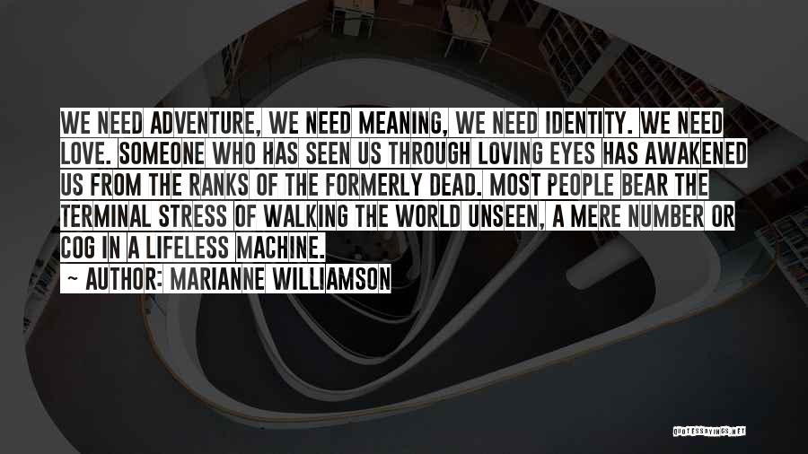 Marianne Williamson Quotes: We Need Adventure, We Need Meaning, We Need Identity. We Need Love. Someone Who Has Seen Us Through Loving Eyes