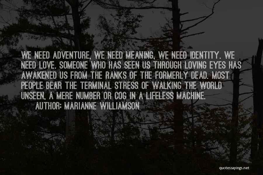 Marianne Williamson Quotes: We Need Adventure, We Need Meaning, We Need Identity. We Need Love. Someone Who Has Seen Us Through Loving Eyes