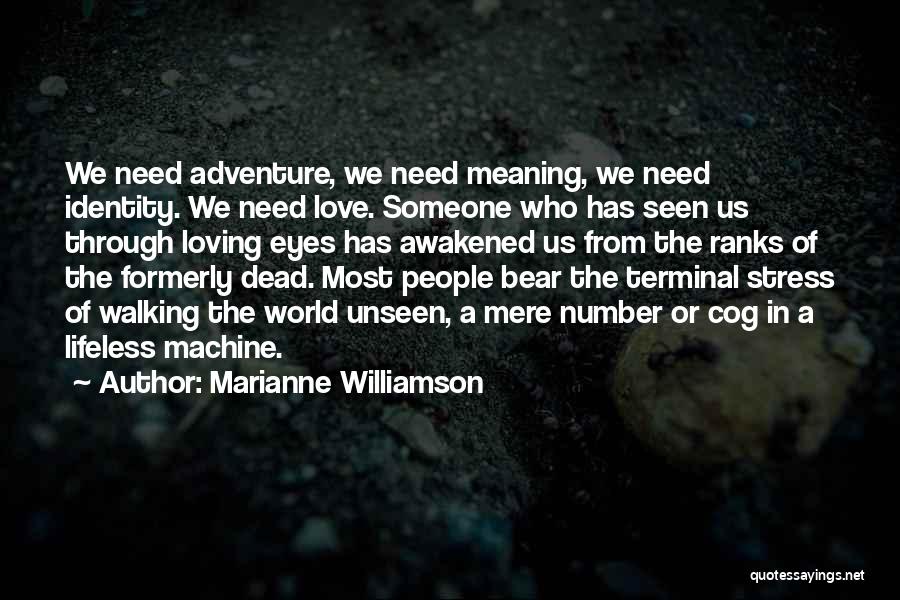 Marianne Williamson Quotes: We Need Adventure, We Need Meaning, We Need Identity. We Need Love. Someone Who Has Seen Us Through Loving Eyes