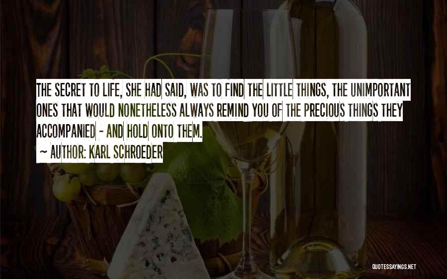 Karl Schroeder Quotes: The Secret To Life, She Had Said, Was To Find The Little Things, The Unimportant Ones That Would Nonetheless Always