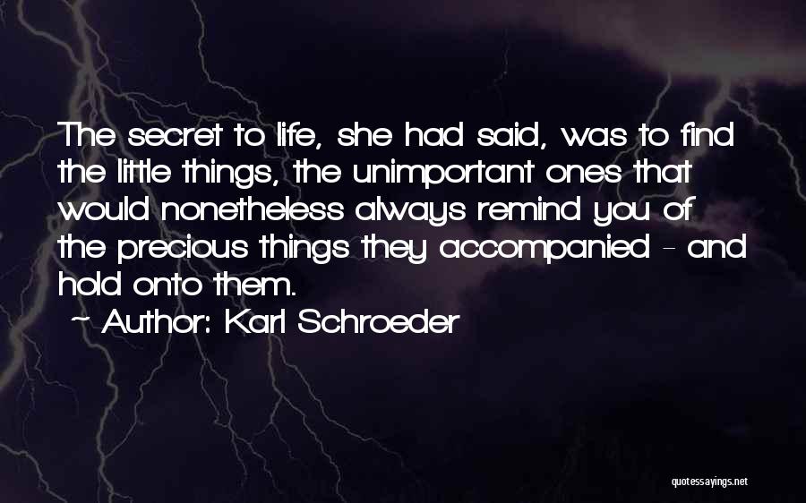 Karl Schroeder Quotes: The Secret To Life, She Had Said, Was To Find The Little Things, The Unimportant Ones That Would Nonetheless Always