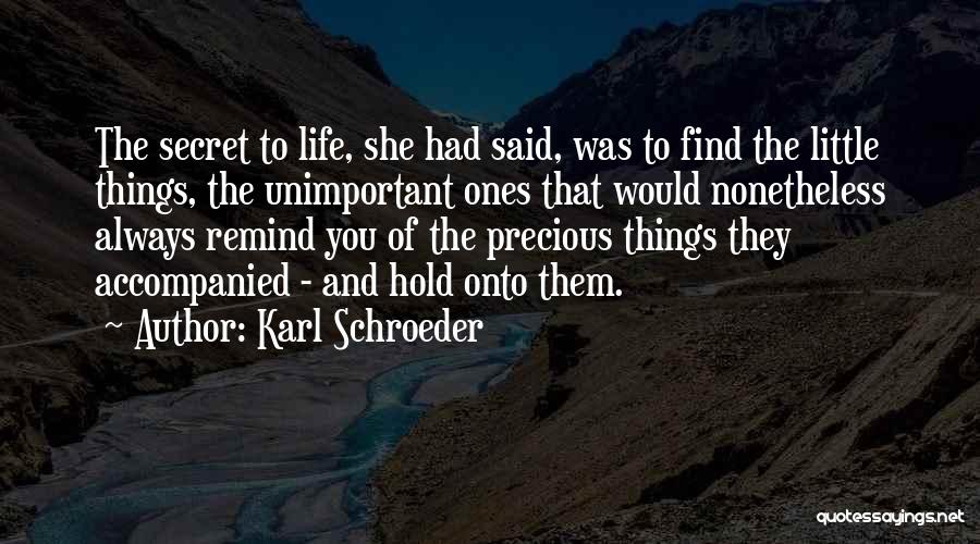 Karl Schroeder Quotes: The Secret To Life, She Had Said, Was To Find The Little Things, The Unimportant Ones That Would Nonetheless Always