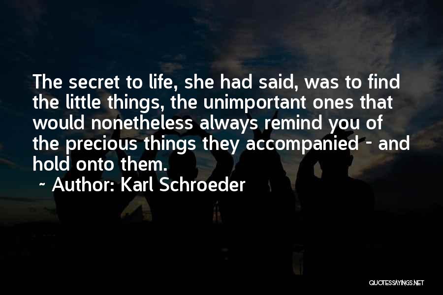 Karl Schroeder Quotes: The Secret To Life, She Had Said, Was To Find The Little Things, The Unimportant Ones That Would Nonetheless Always
