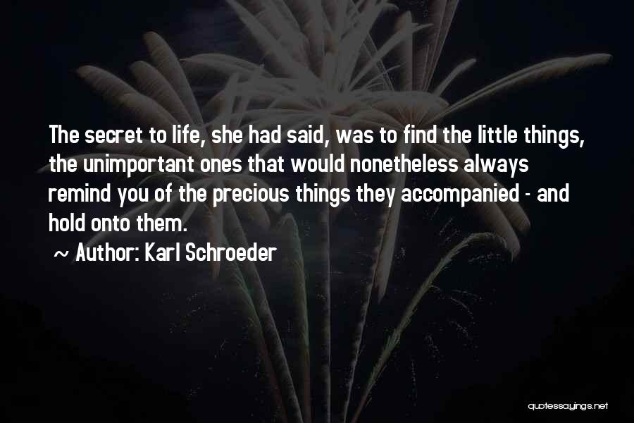 Karl Schroeder Quotes: The Secret To Life, She Had Said, Was To Find The Little Things, The Unimportant Ones That Would Nonetheless Always