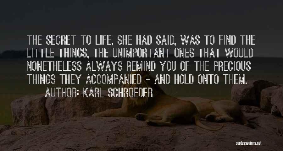 Karl Schroeder Quotes: The Secret To Life, She Had Said, Was To Find The Little Things, The Unimportant Ones That Would Nonetheless Always