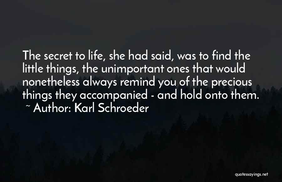 Karl Schroeder Quotes: The Secret To Life, She Had Said, Was To Find The Little Things, The Unimportant Ones That Would Nonetheless Always
