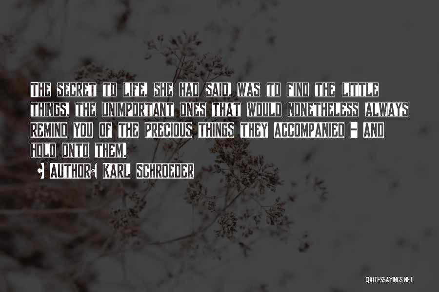 Karl Schroeder Quotes: The Secret To Life, She Had Said, Was To Find The Little Things, The Unimportant Ones That Would Nonetheless Always