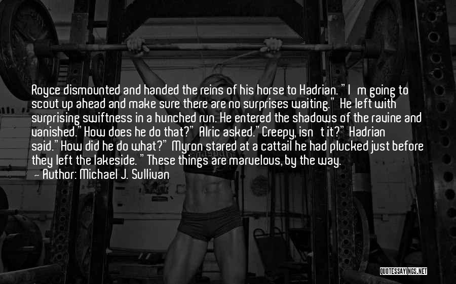 Michael J. Sullivan Quotes: Royce Dismounted And Handed The Reins Of His Horse To Hadrian. I'm Going To Scout Up Ahead And Make Sure