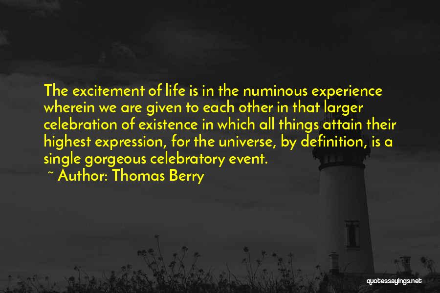 Thomas Berry Quotes: The Excitement Of Life Is In The Numinous Experience Wherein We Are Given To Each Other In That Larger Celebration