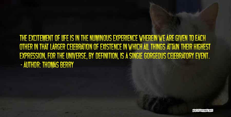 Thomas Berry Quotes: The Excitement Of Life Is In The Numinous Experience Wherein We Are Given To Each Other In That Larger Celebration