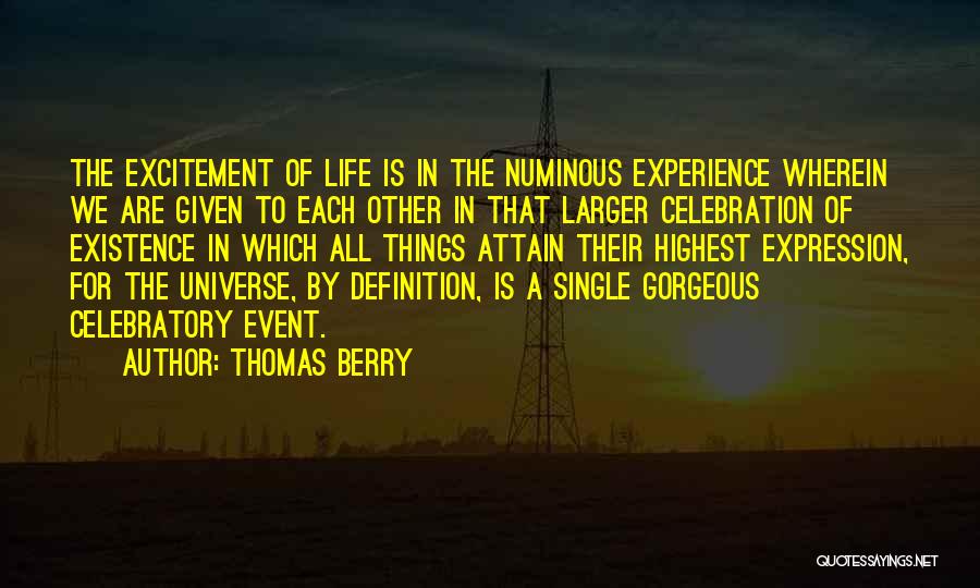 Thomas Berry Quotes: The Excitement Of Life Is In The Numinous Experience Wherein We Are Given To Each Other In That Larger Celebration