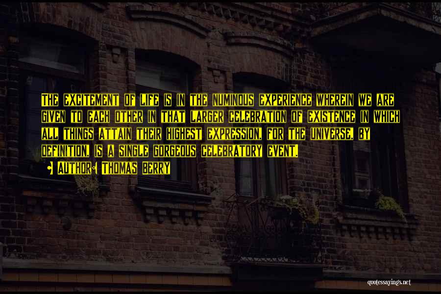 Thomas Berry Quotes: The Excitement Of Life Is In The Numinous Experience Wherein We Are Given To Each Other In That Larger Celebration