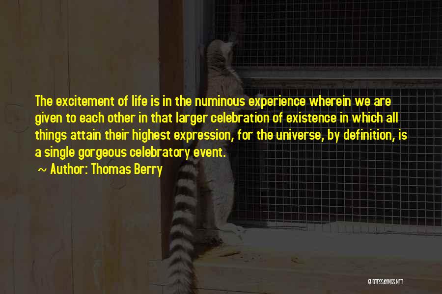 Thomas Berry Quotes: The Excitement Of Life Is In The Numinous Experience Wherein We Are Given To Each Other In That Larger Celebration