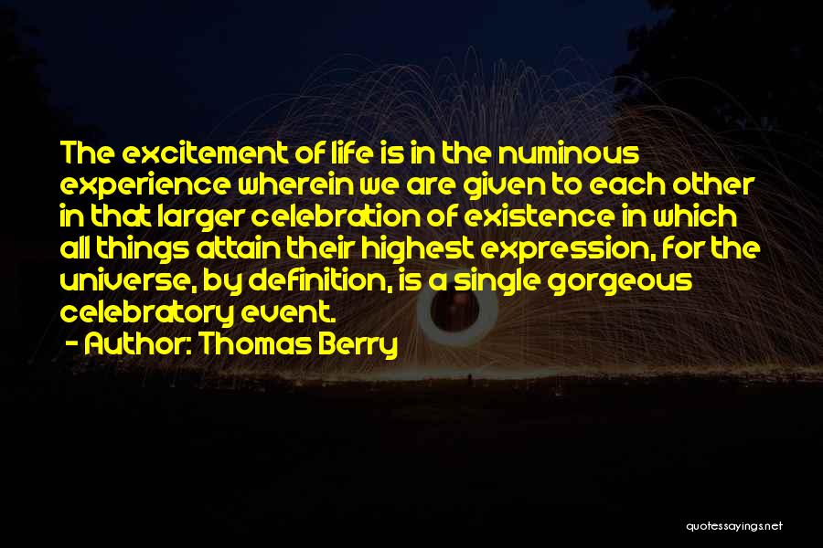 Thomas Berry Quotes: The Excitement Of Life Is In The Numinous Experience Wherein We Are Given To Each Other In That Larger Celebration