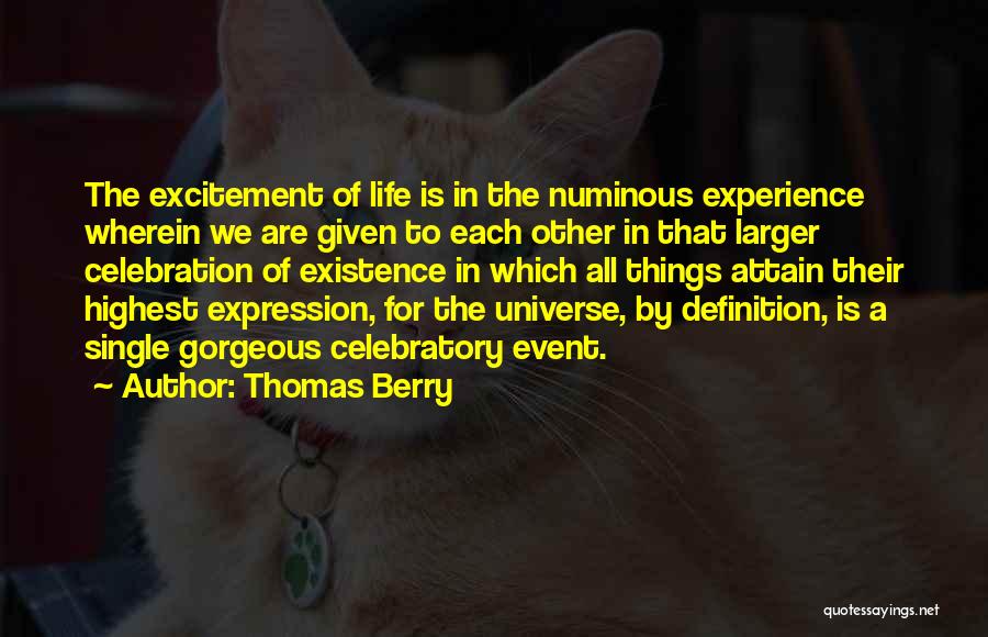 Thomas Berry Quotes: The Excitement Of Life Is In The Numinous Experience Wherein We Are Given To Each Other In That Larger Celebration