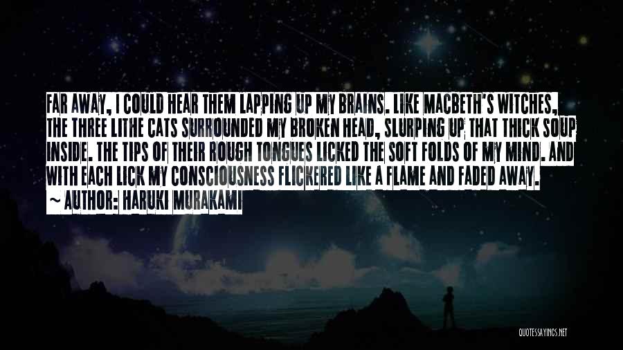 Haruki Murakami Quotes: Far Away, I Could Hear Them Lapping Up My Brains. Like Macbeth's Witches, The Three Lithe Cats Surrounded My Broken