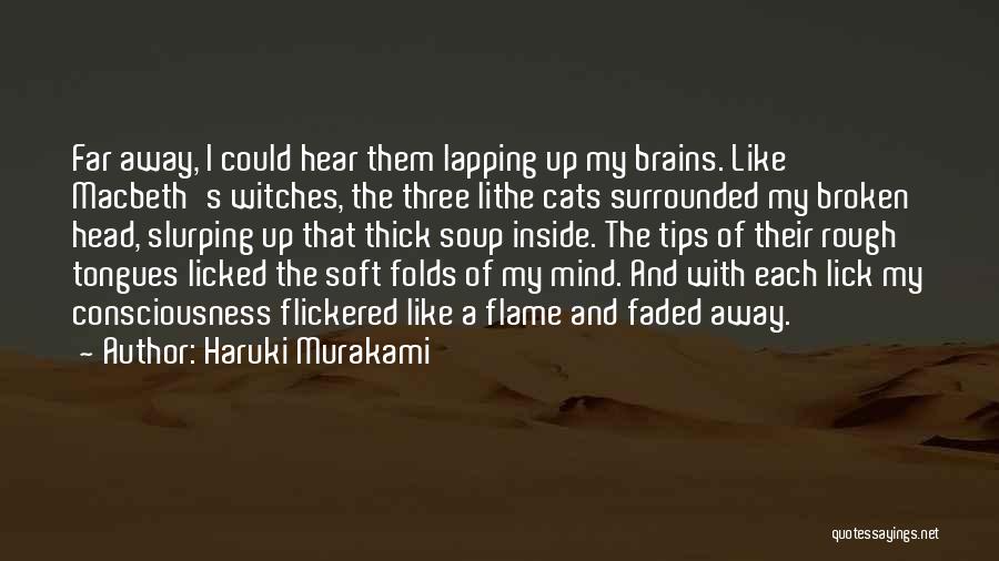 Haruki Murakami Quotes: Far Away, I Could Hear Them Lapping Up My Brains. Like Macbeth's Witches, The Three Lithe Cats Surrounded My Broken