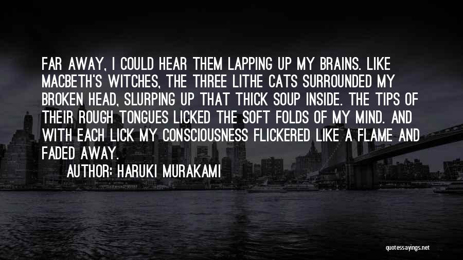 Haruki Murakami Quotes: Far Away, I Could Hear Them Lapping Up My Brains. Like Macbeth's Witches, The Three Lithe Cats Surrounded My Broken