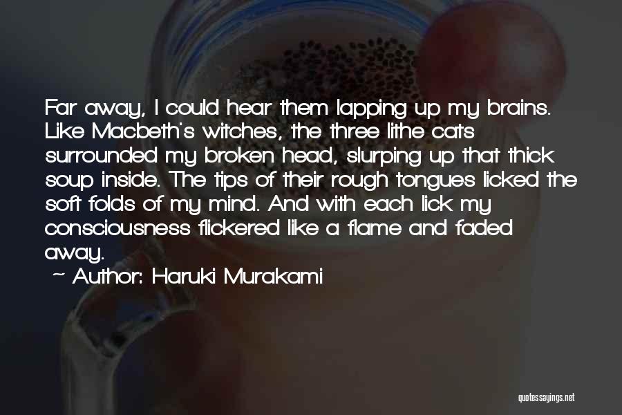 Haruki Murakami Quotes: Far Away, I Could Hear Them Lapping Up My Brains. Like Macbeth's Witches, The Three Lithe Cats Surrounded My Broken