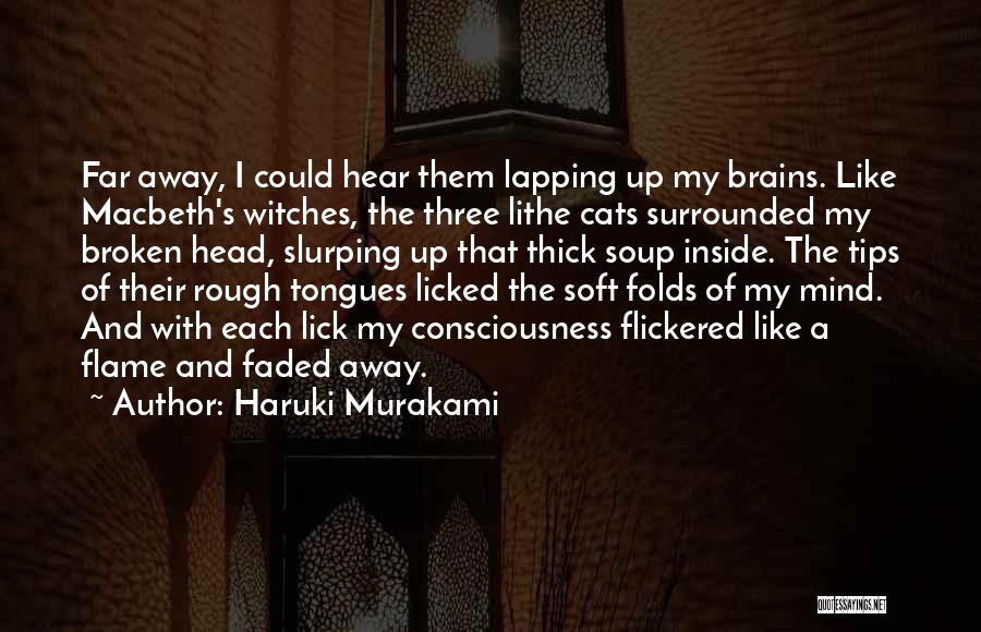 Haruki Murakami Quotes: Far Away, I Could Hear Them Lapping Up My Brains. Like Macbeth's Witches, The Three Lithe Cats Surrounded My Broken