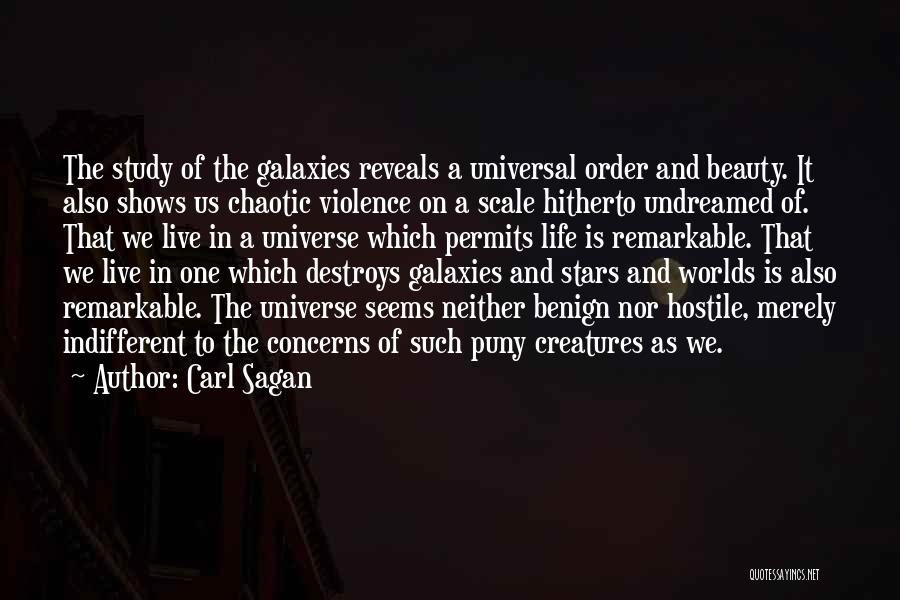 Carl Sagan Quotes: The Study Of The Galaxies Reveals A Universal Order And Beauty. It Also Shows Us Chaotic Violence On A Scale