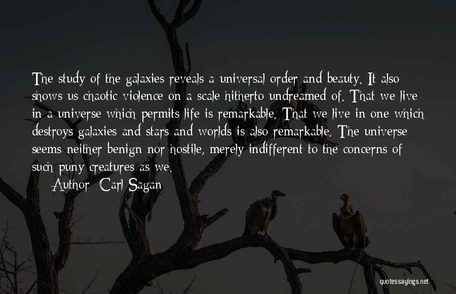 Carl Sagan Quotes: The Study Of The Galaxies Reveals A Universal Order And Beauty. It Also Shows Us Chaotic Violence On A Scale