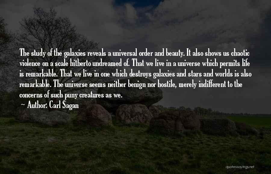 Carl Sagan Quotes: The Study Of The Galaxies Reveals A Universal Order And Beauty. It Also Shows Us Chaotic Violence On A Scale