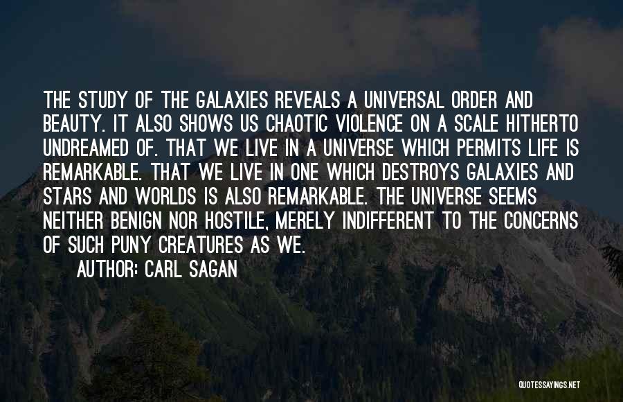 Carl Sagan Quotes: The Study Of The Galaxies Reveals A Universal Order And Beauty. It Also Shows Us Chaotic Violence On A Scale