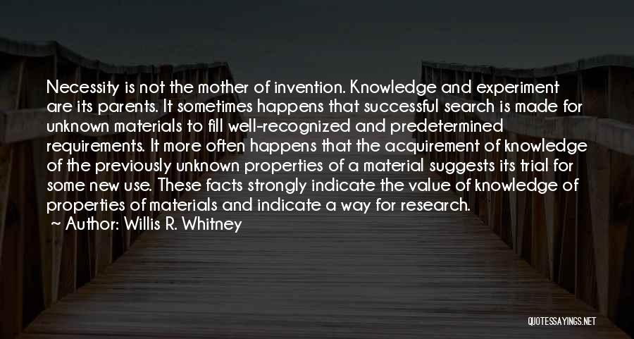 Willis R. Whitney Quotes: Necessity Is Not The Mother Of Invention. Knowledge And Experiment Are Its Parents. It Sometimes Happens That Successful Search Is