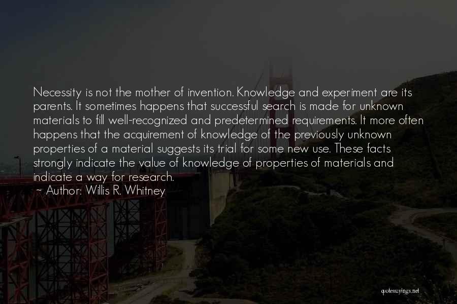 Willis R. Whitney Quotes: Necessity Is Not The Mother Of Invention. Knowledge And Experiment Are Its Parents. It Sometimes Happens That Successful Search Is