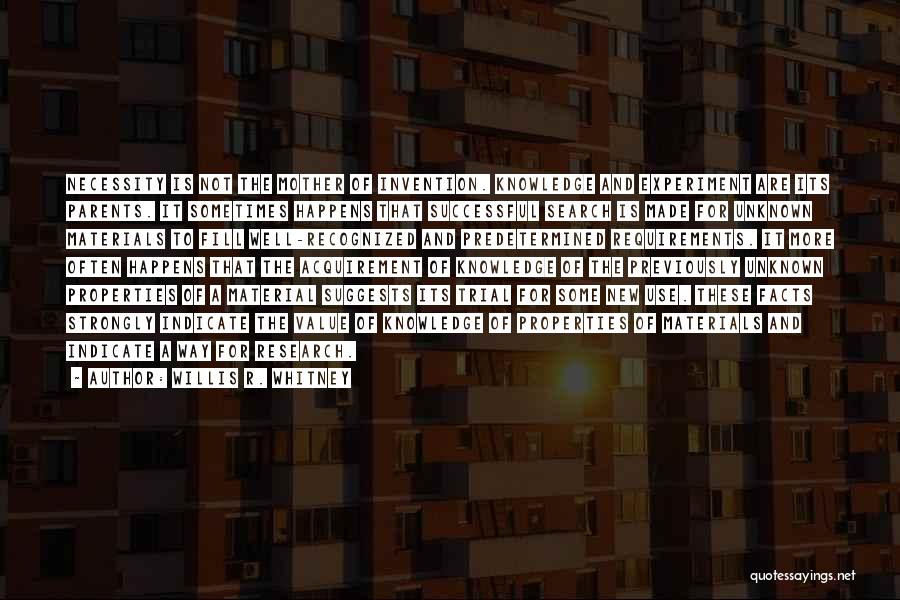Willis R. Whitney Quotes: Necessity Is Not The Mother Of Invention. Knowledge And Experiment Are Its Parents. It Sometimes Happens That Successful Search Is