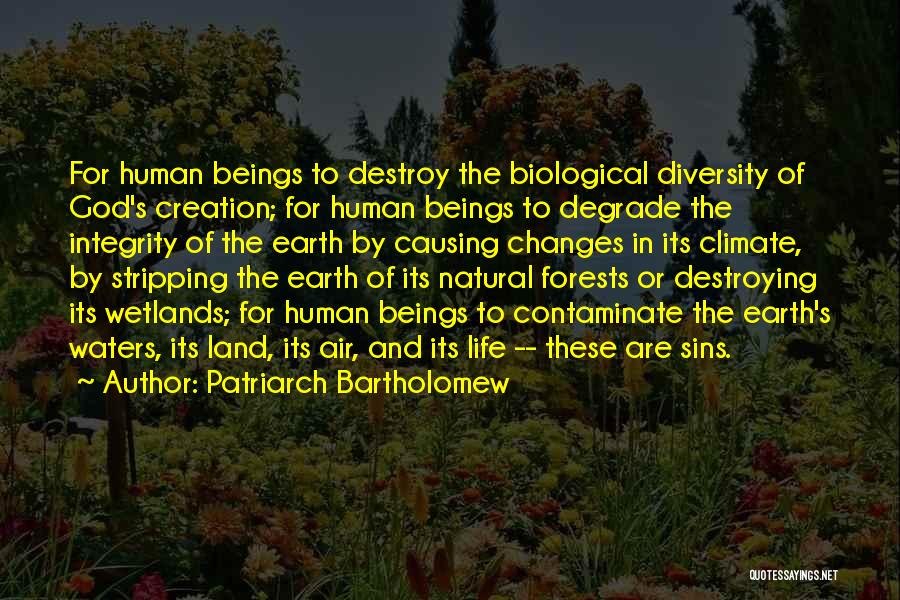 Patriarch Bartholomew Quotes: For Human Beings To Destroy The Biological Diversity Of God's Creation; For Human Beings To Degrade The Integrity Of The