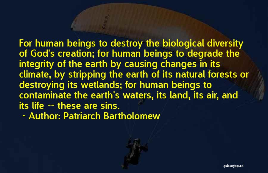 Patriarch Bartholomew Quotes: For Human Beings To Destroy The Biological Diversity Of God's Creation; For Human Beings To Degrade The Integrity Of The