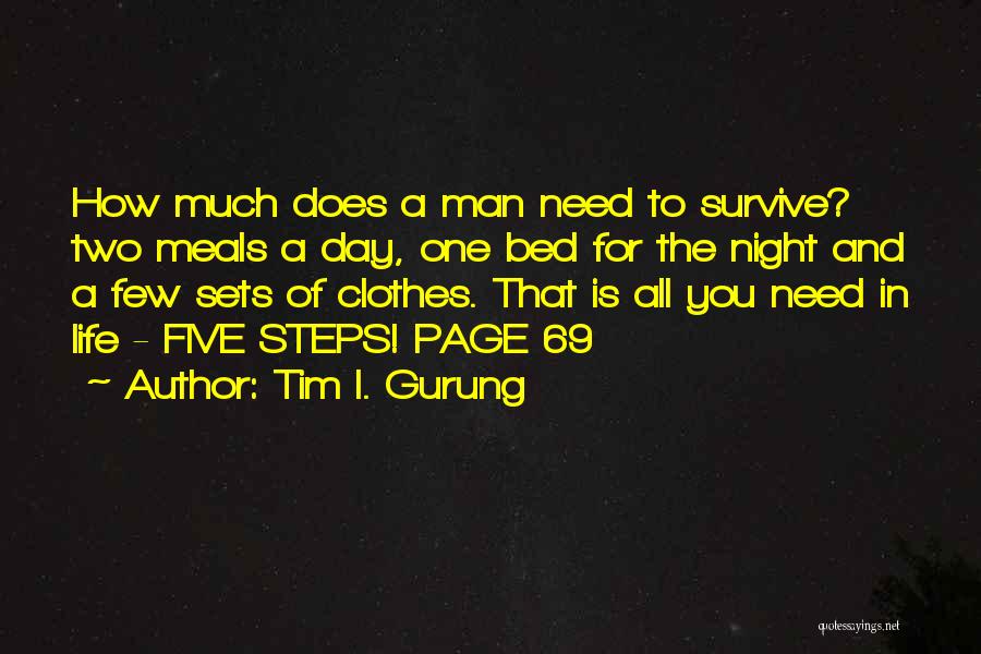 Tim I. Gurung Quotes: How Much Does A Man Need To Survive? Two Meals A Day, One Bed For The Night And A Few