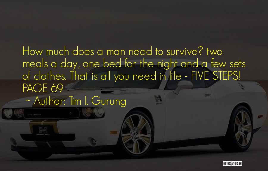 Tim I. Gurung Quotes: How Much Does A Man Need To Survive? Two Meals A Day, One Bed For The Night And A Few