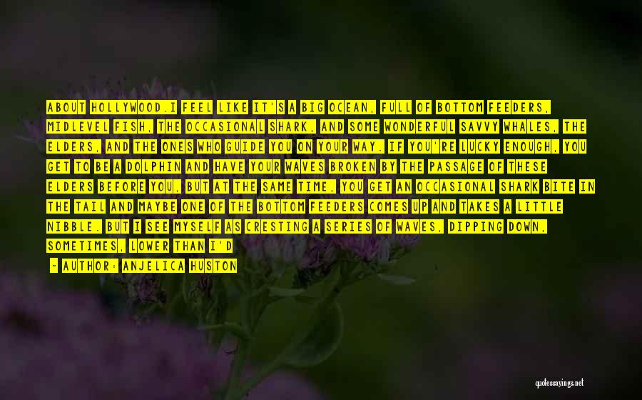 Anjelica Huston Quotes: About Hollywood.i Feel Like It's A Big Ocean, Full Of Bottom Feeders, Midlevel Fish, The Occasional Shark, And Some Wonderful
