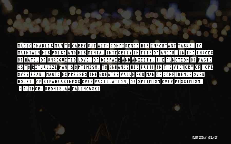 Bronislaw Malinowski Quotes: Magic Enables Man To Carry Out With Confidence His Important Tasks, To Maintain His Poise And His Mental Integrity In