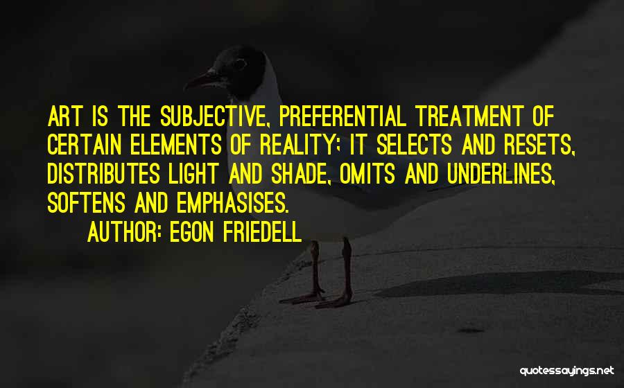 Egon Friedell Quotes: Art Is The Subjective, Preferential Treatment Of Certain Elements Of Reality; It Selects And Resets, Distributes Light And Shade, Omits