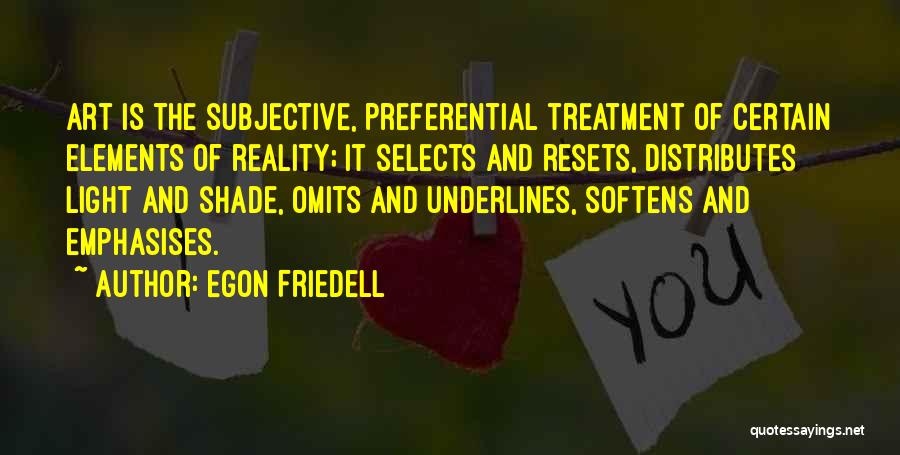 Egon Friedell Quotes: Art Is The Subjective, Preferential Treatment Of Certain Elements Of Reality; It Selects And Resets, Distributes Light And Shade, Omits