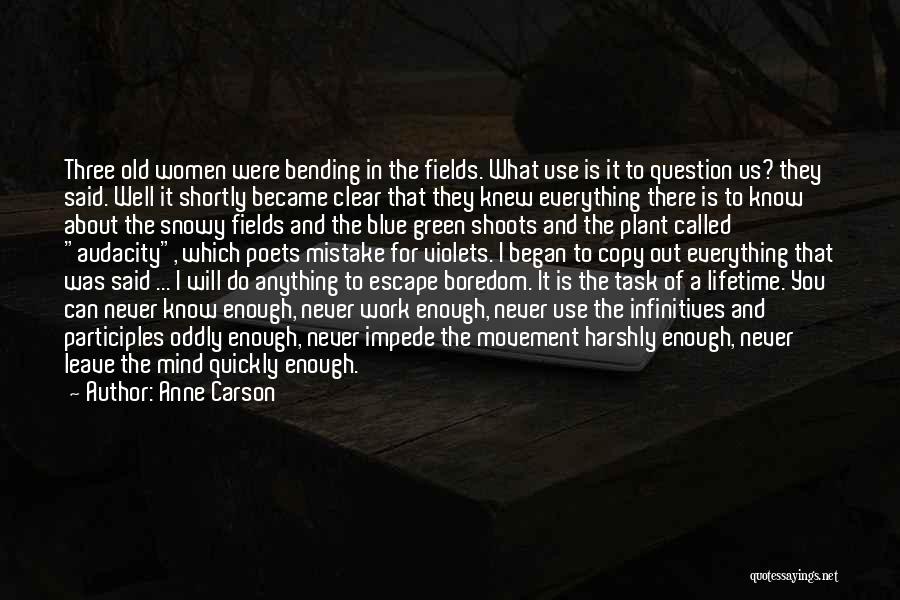 Anne Carson Quotes: Three Old Women Were Bending In The Fields. What Use Is It To Question Us? They Said. Well It Shortly